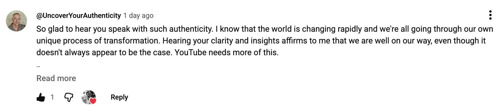 YouTube comment from @UncoverYourAuthenticity